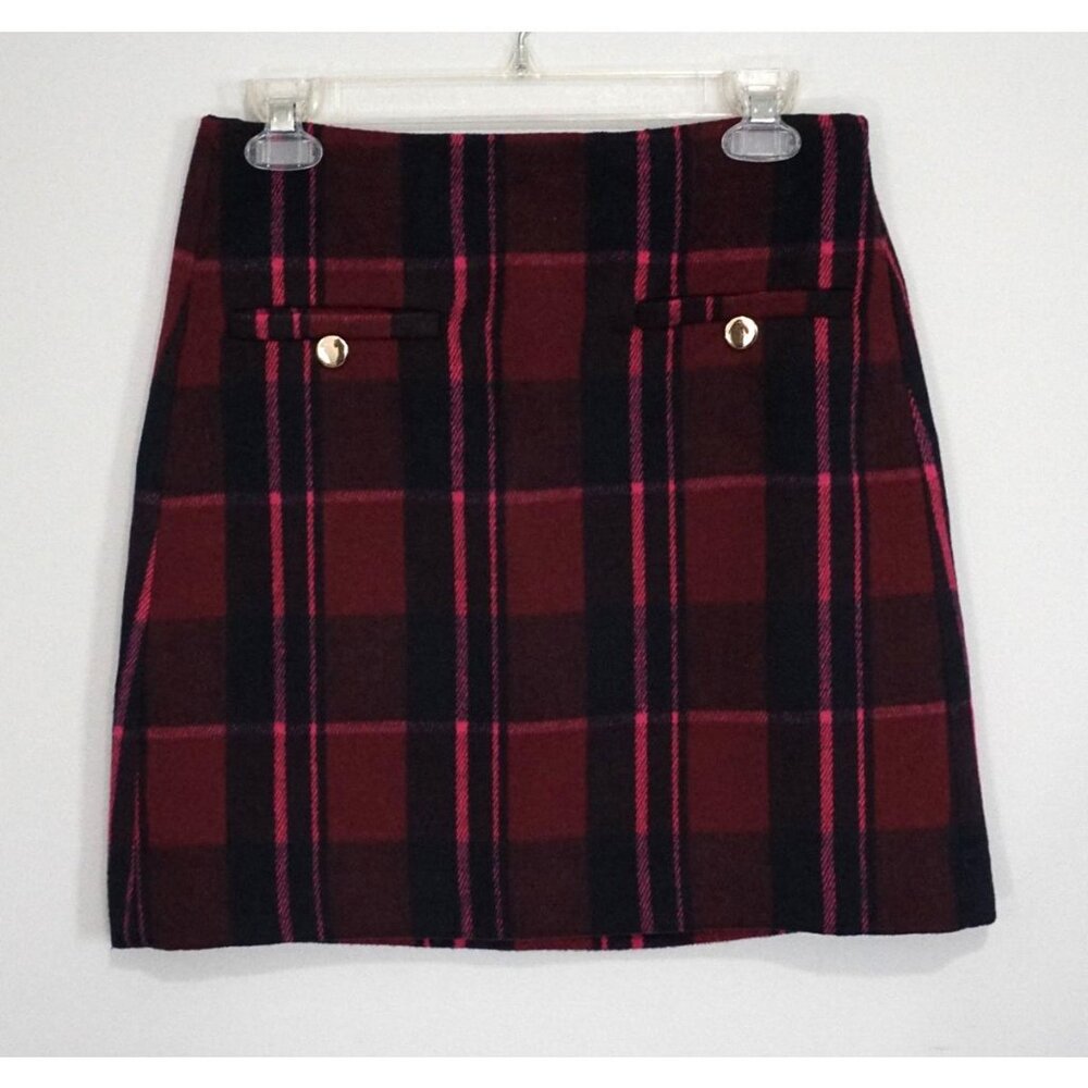 New Ann Taylor Loft Red Pink Black Plaid Wool Blend Sheath Skirt Size 0